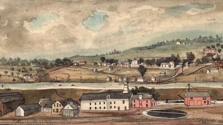 Painting of a turn of the century village along a river.