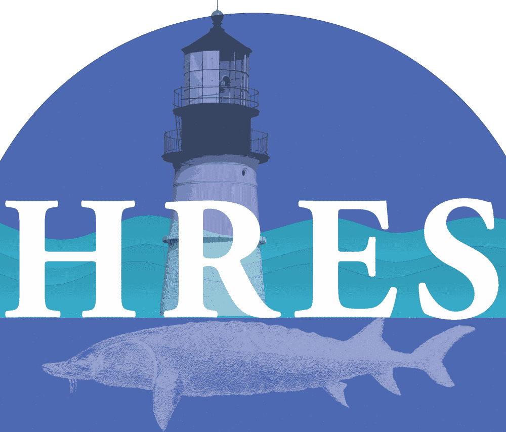 Illustration of a lighthouse and a sturgeon with text that reads: HRES Hudson River Environmental Society.,
